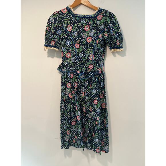 1980s Vintage Midi Dress Peplum Hem Black Polka Dot Floral Size Small JL - Picture 8 of 12